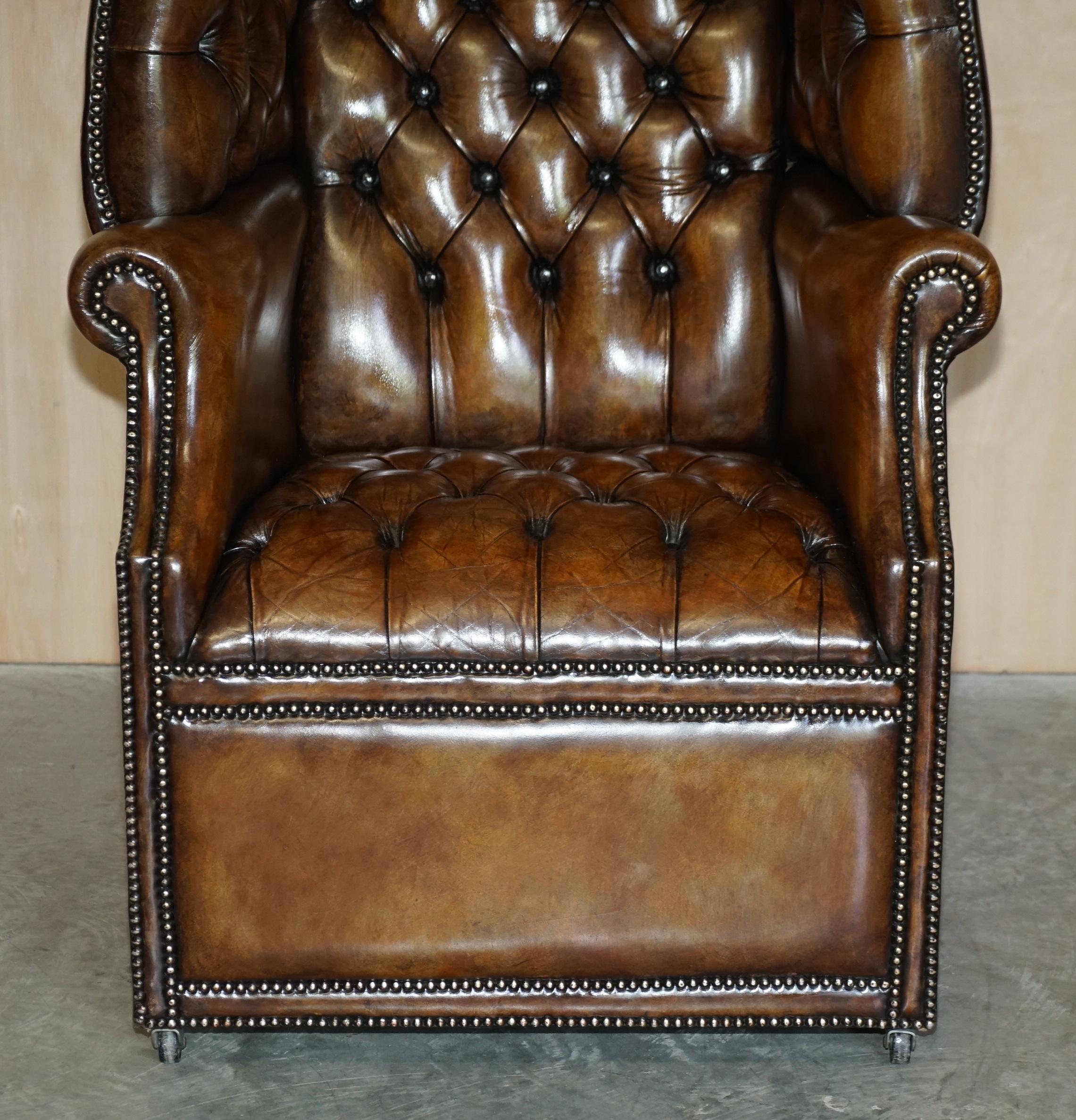 Hand-Crafted Pair of Late Victorian Hand Dyed Brown Leather Chesterfield Porters Armchairs For Sale