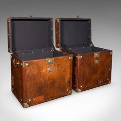 Pair of Late Vintage Campaign Luggage Trunks, English Leather Bedside Nightstand
