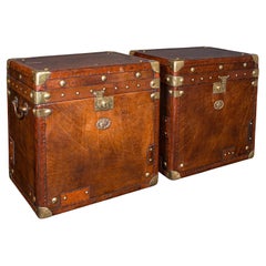 Pair of Late Vintage Campaign Luggage Trunks, English Leather Bedside Nightstand