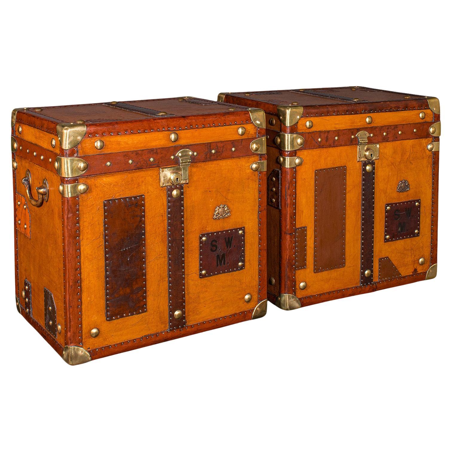 Pair of Late Vintage Luggage Cases, English Leather, Trunk, Nightstand, Campaign