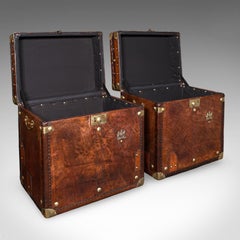 Pair Of Late Vintage Luggage Trunks, English Leather, Brass, Storage, Nightstand