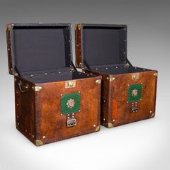 Pair Of Late Vintage Officer's Campaign Trunks, English, Leather, Nightstand