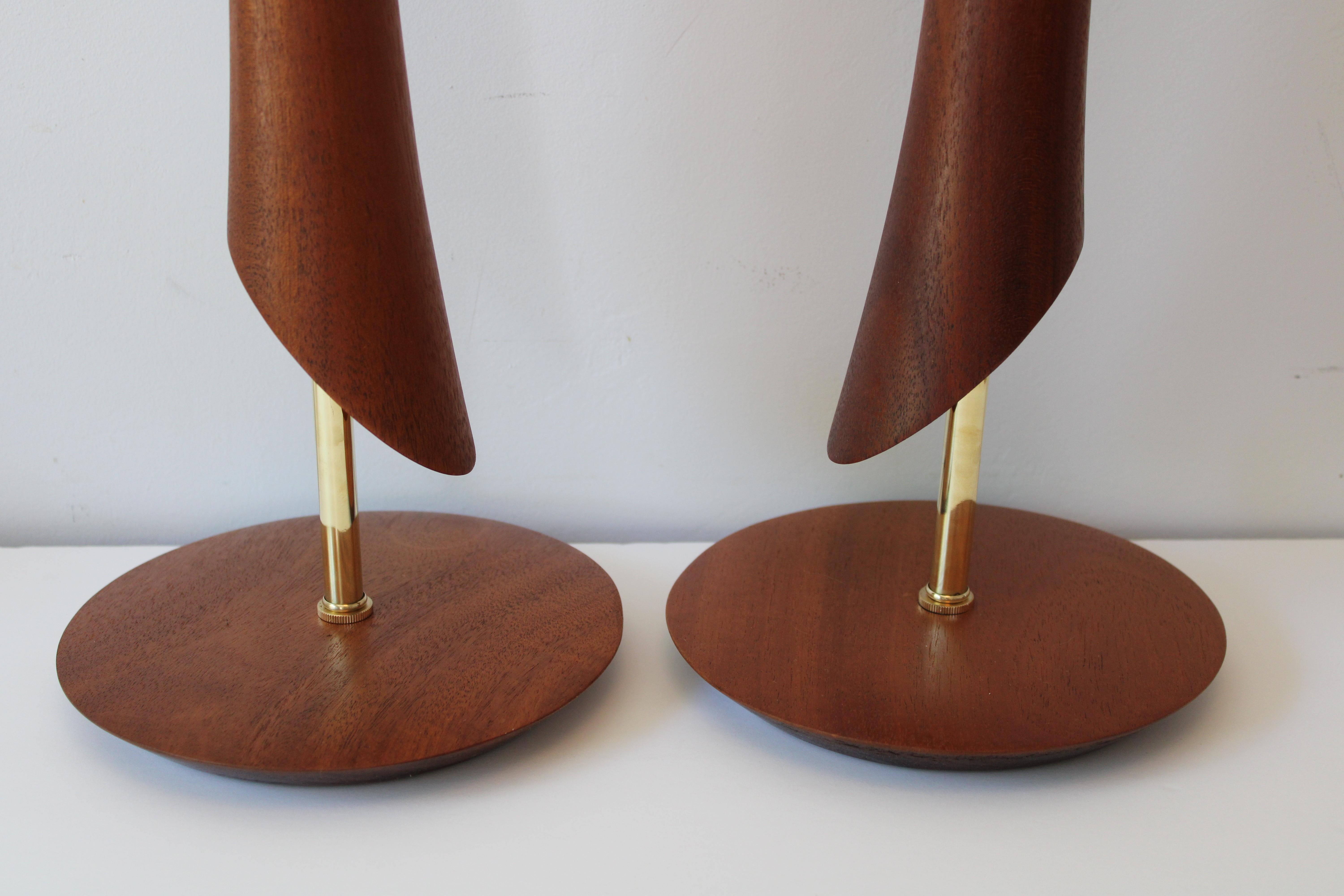 Brass Pair of Lathe Cut Walnut Lamps For Sale