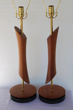Pair of Lathe Cut Walnut Lamps on Marble Bases