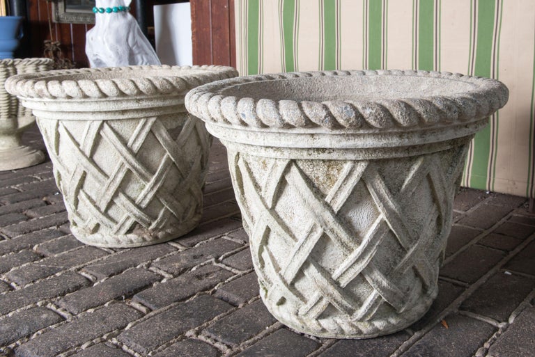 American Pair of Lattice form Cast Stone Planters For Sale