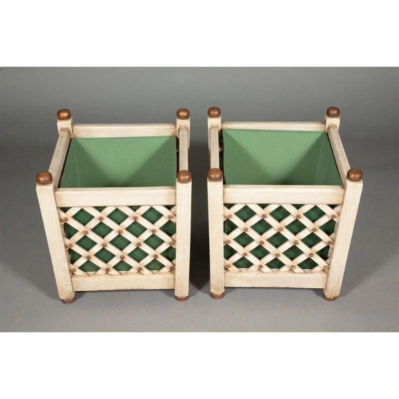 Hand-Painted Pair of Lattice Motif Painted Wood Planters For Sale