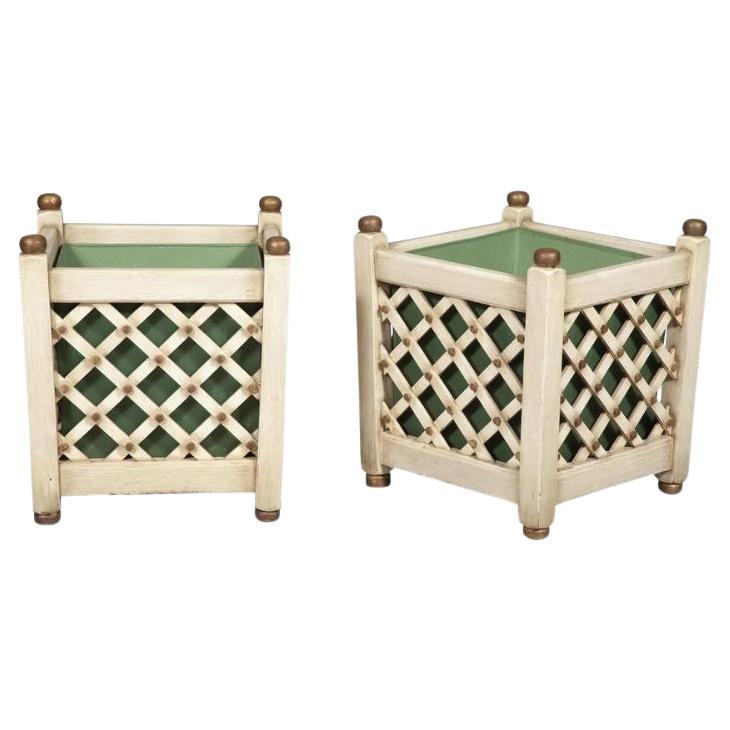 Pair of Lattice Motif Painted Wood Planters For Sale