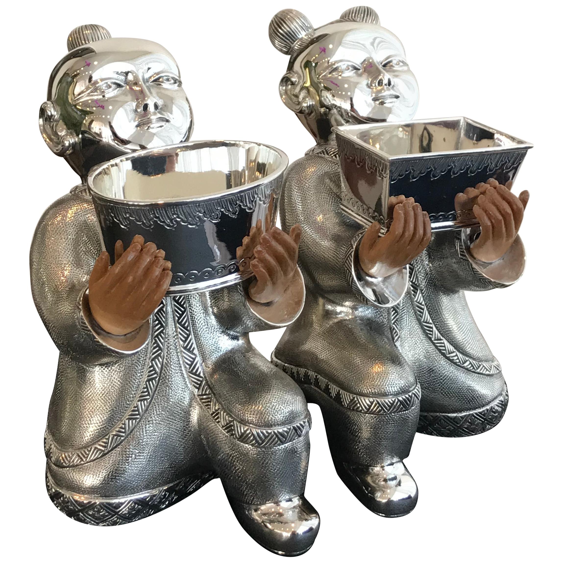 Rosior Pair of "Laughing Boys" in Sterling Silver and Wood