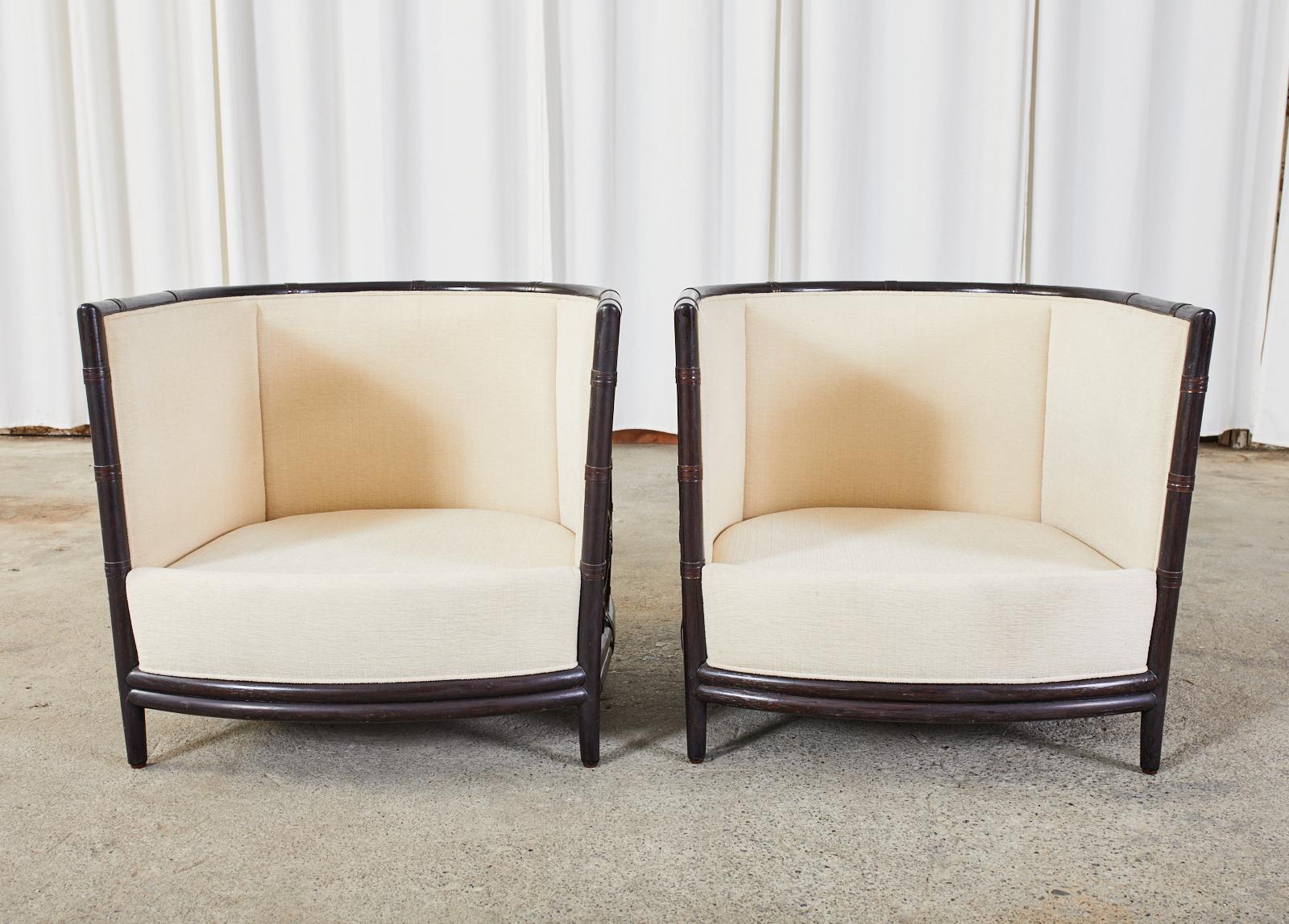 Contemporary Pair of Laura Kirar for McGuire Rattan Barrel Lounge Chairs