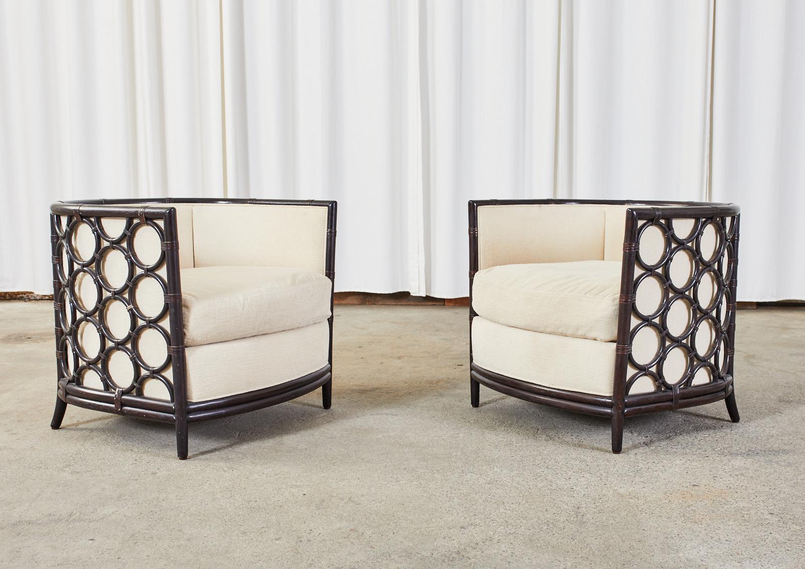 Organic Modern Pair of Laura Kirar for McGuire Rattan Barrel Lounge Chairs