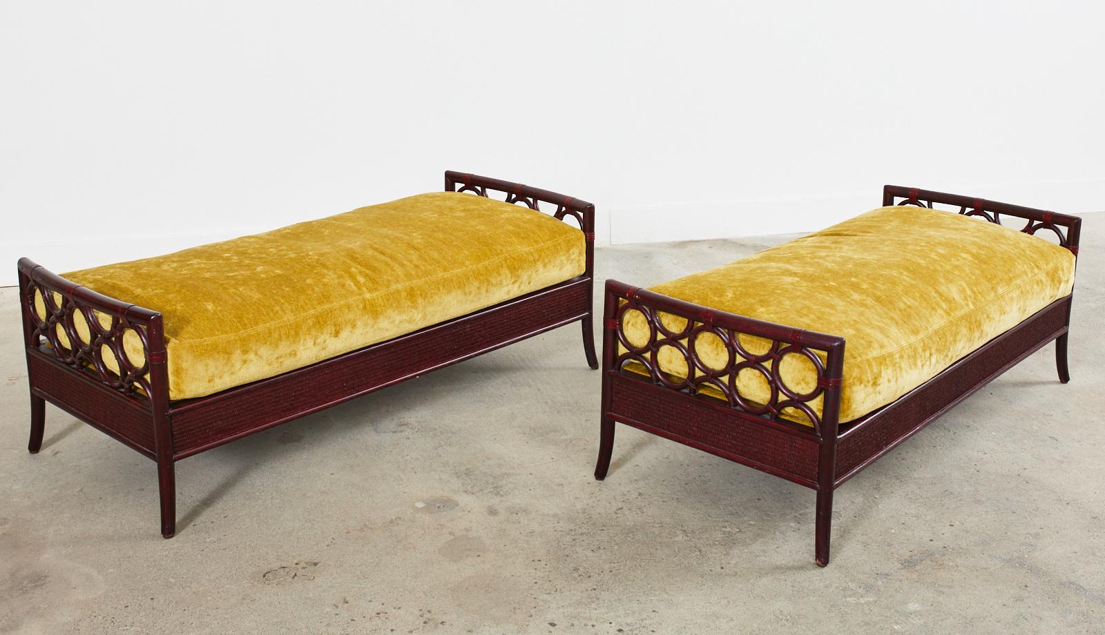 Lacquered Pair of Laura Kirar for McGuire Rattan Raffia King Benches  For Sale