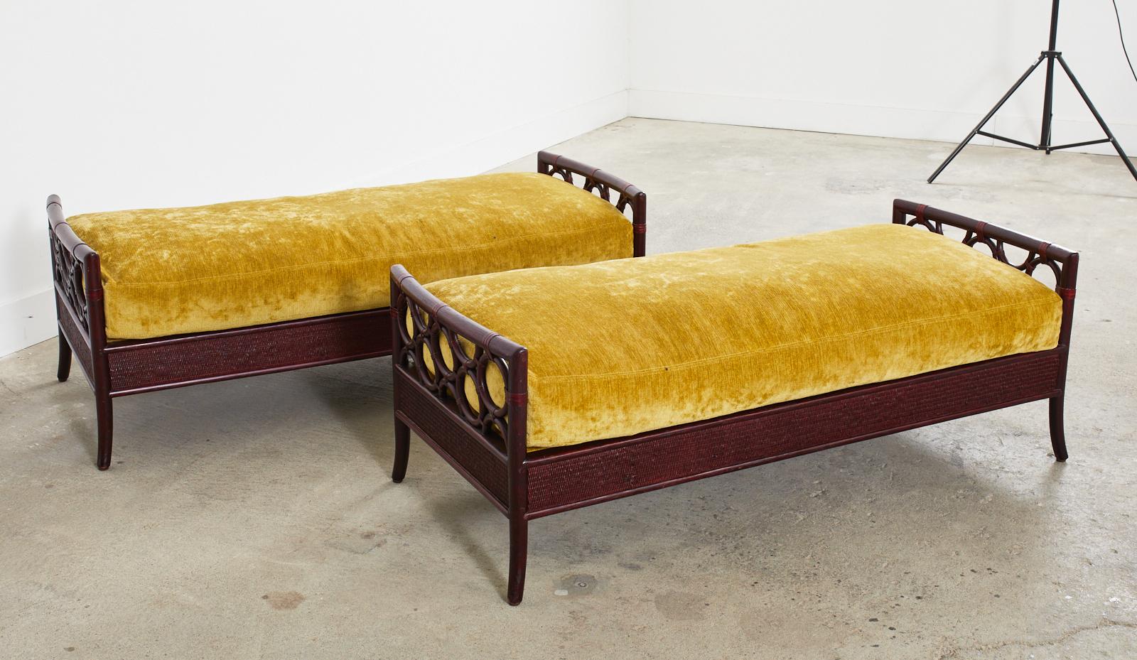 20th Century Pair of Laura Kirar for McGuire Rattan Raffia King Benches  For Sale
