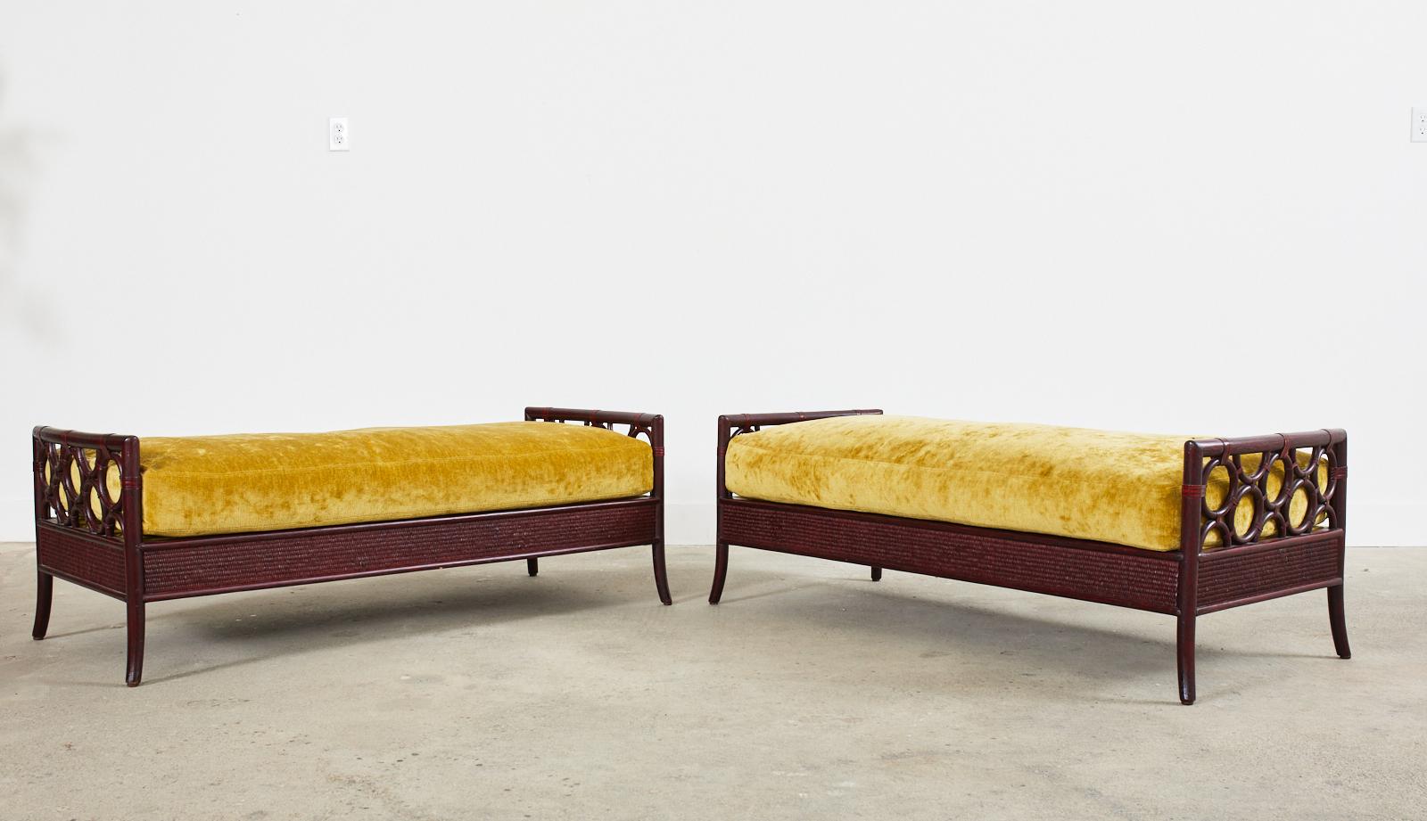 Velvet Pair of Laura Kirar for McGuire Rattan Raffia King Benches  For Sale