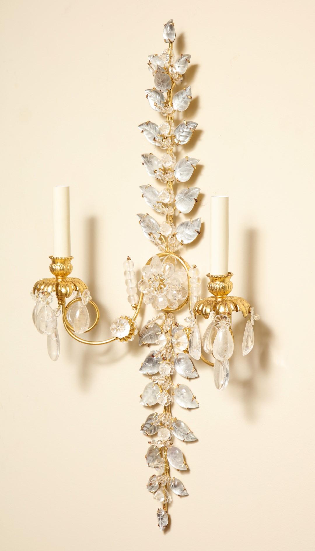 Chinoiserie Pair of Laurel Branch Rock Crystal Sconces
