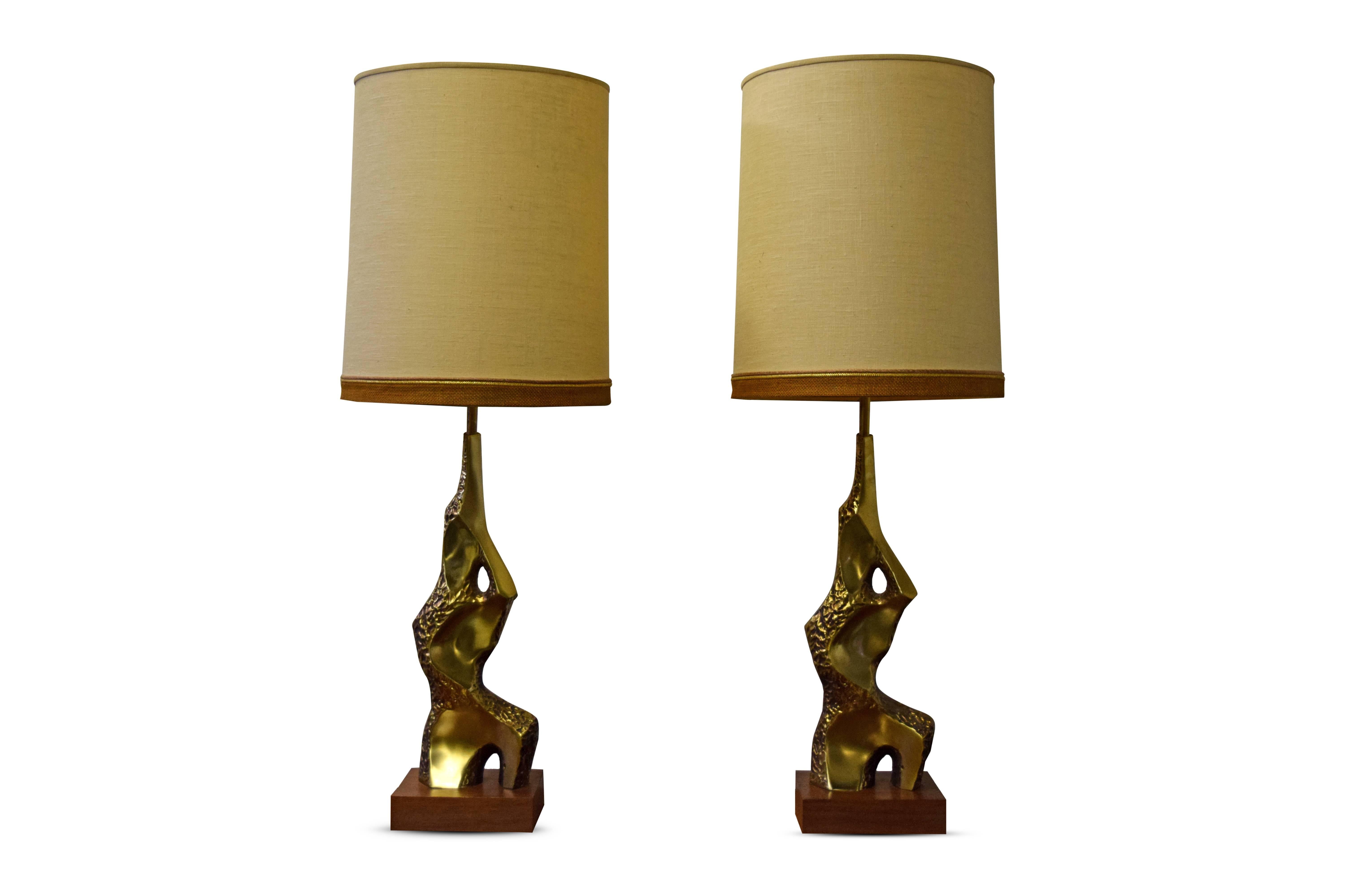 Pair of Laurel brutalist brass table lamps 

Base is 8 x 7 inches.