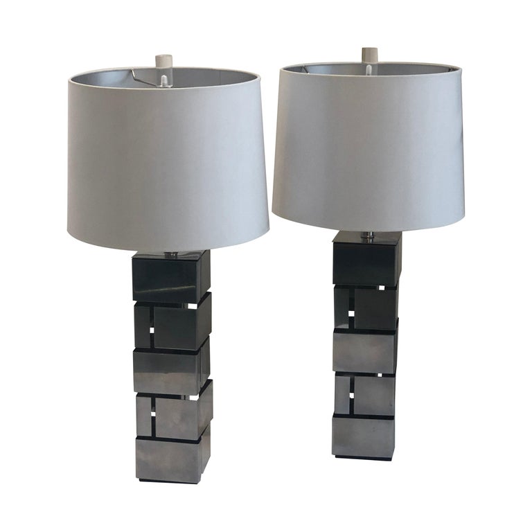 Pair of Laurel "Brutalist" Style Stainless Steel Table Lamps For Sale