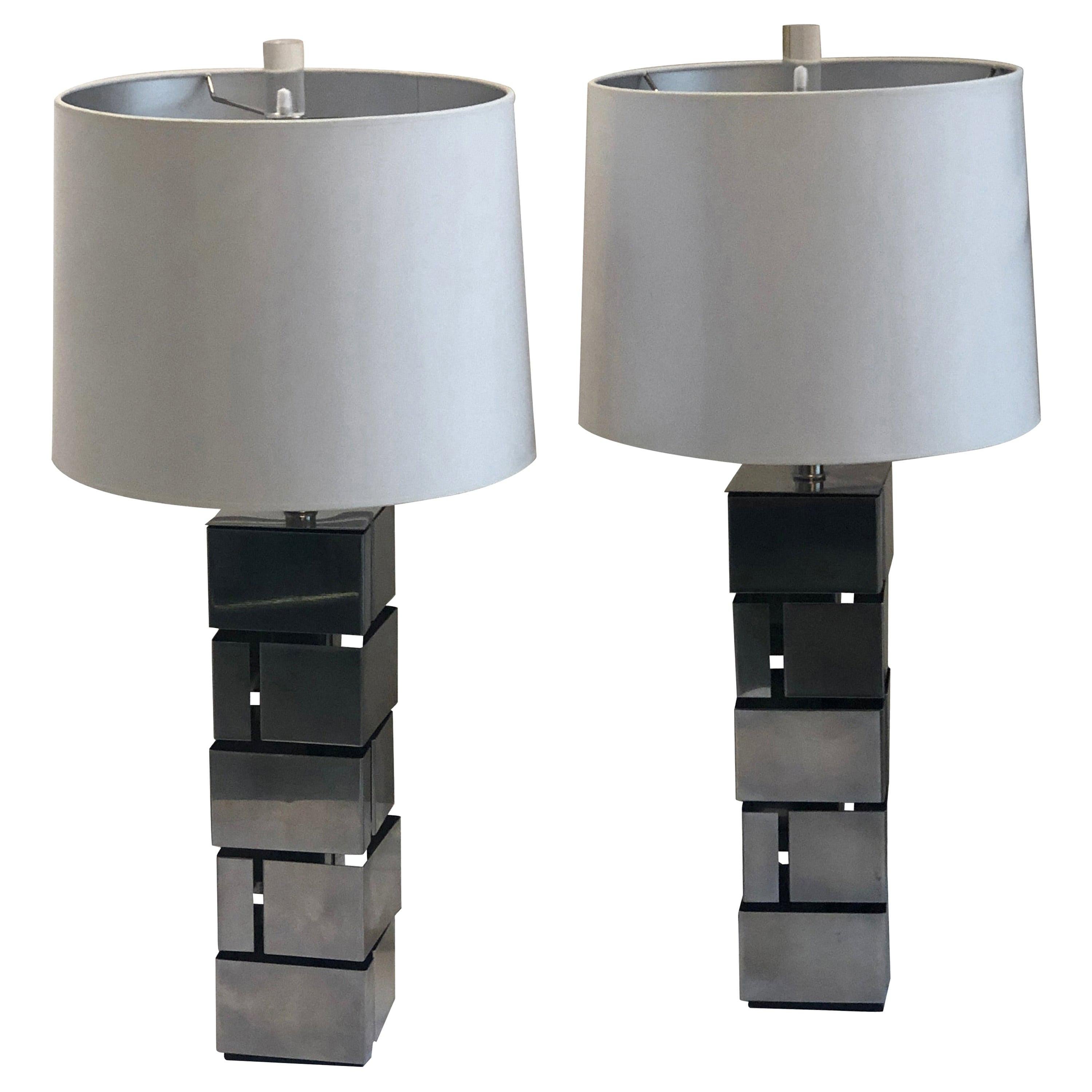 Pair of Laurel "Brutalist" Style Stainless Steel Table Lamps For Sale