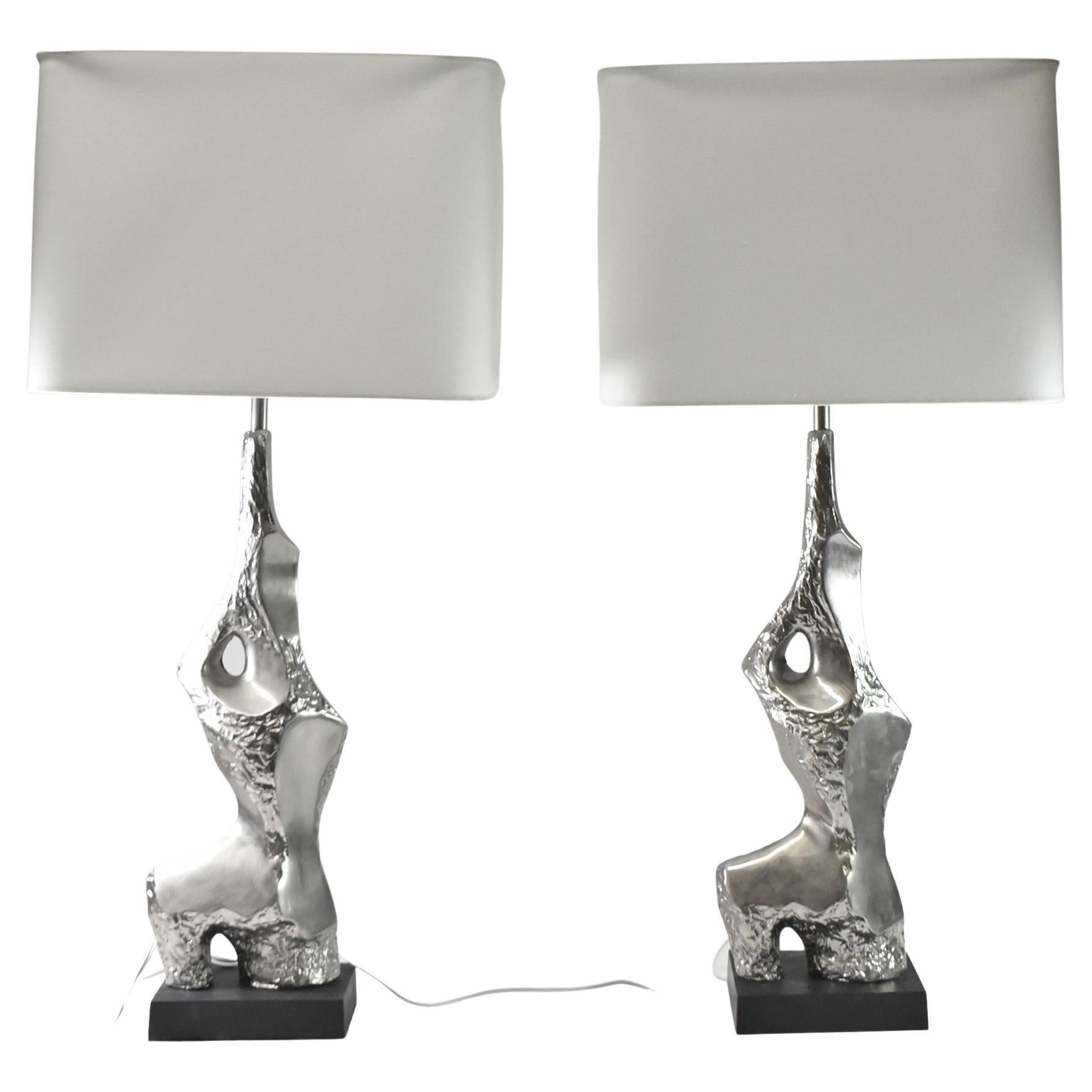 Pair of Laurel Chrome Vintage Table Lamps Brutalist Abstract by Richard Barr