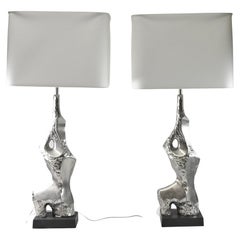 Pair of Laurel Chrome Vintage Table Lamps Brutalist Abstract by Richard Barr
