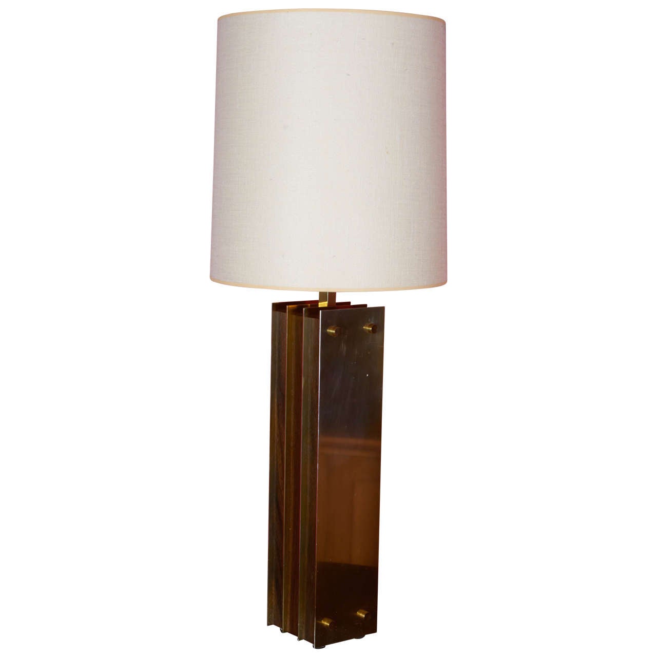 I beam table lamps with wood and brass construction, manufactured by Laurel in the 1950s.