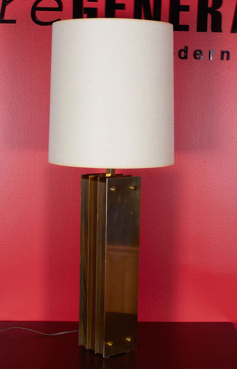 Mid-Century Modern Pair of Laurel I Beam Table Lamps with Wood and Brass