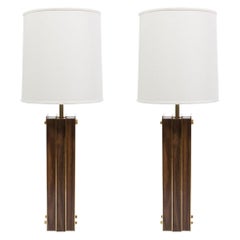 Pair of Laurel I Beam Table Lamps with Wood and Brass