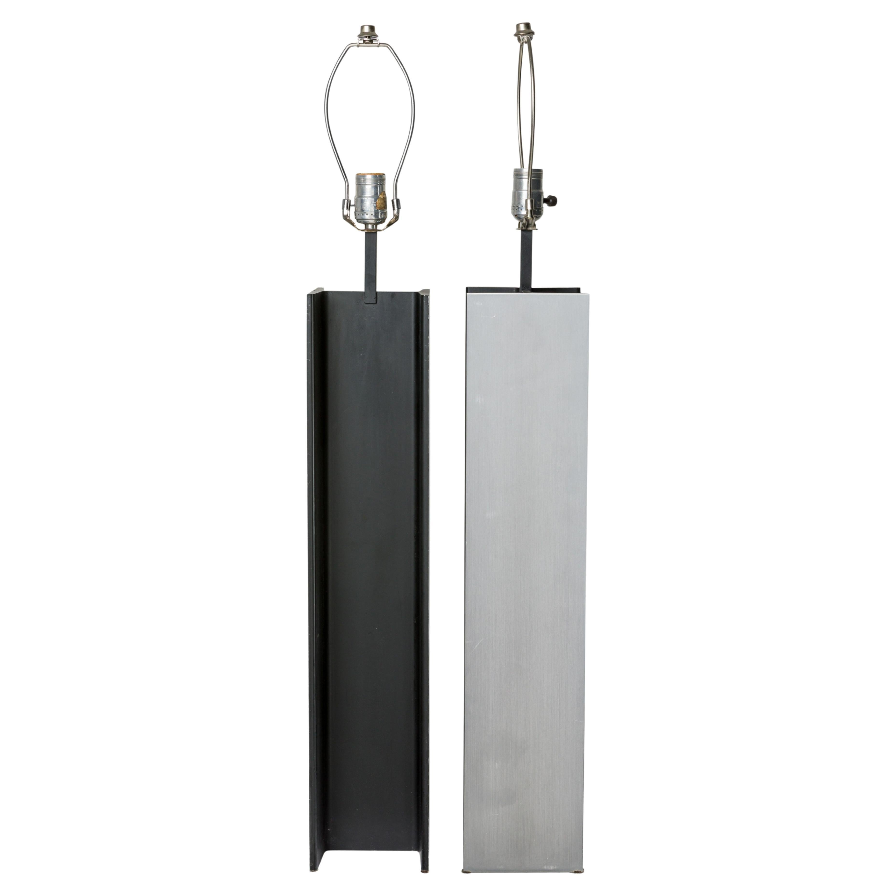 Pair of Laurel Lamp Company I-Beam Design Satin Steel Table Lamps