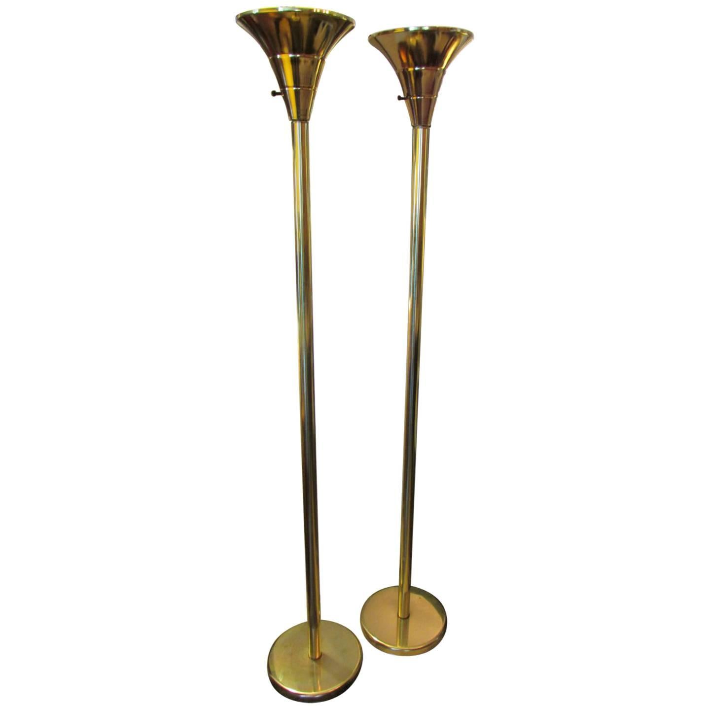 Pair of Brass Torchere Floor Lamps, circa 1970s For Sale