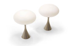 Pair of Laurel Table Lamps Saucer/Oval Glass Shades, Satin Chrome Bases