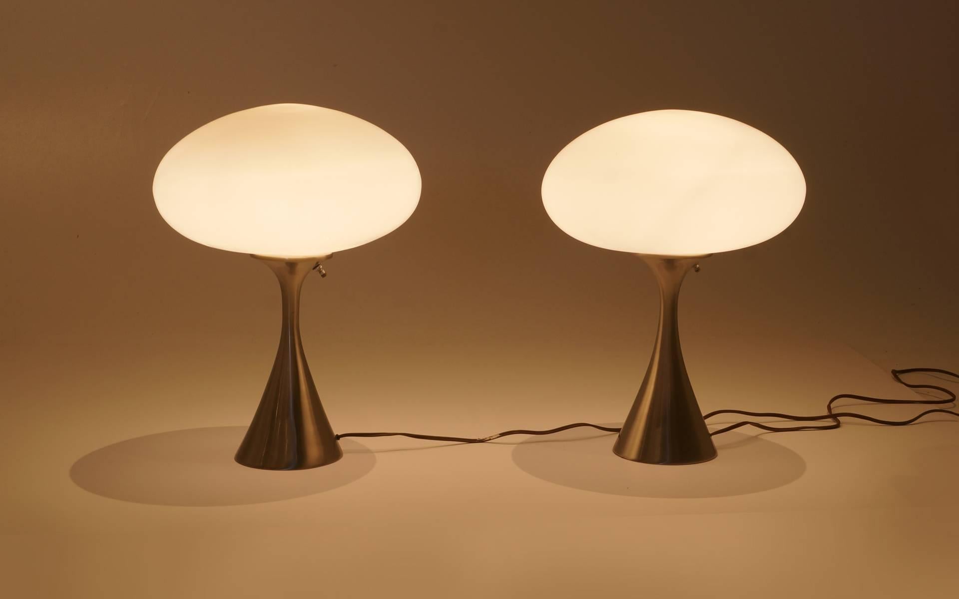 American Pair of Laurel Table Lamps Saucer/Oval Glass Shades, Satin Chrome Bases