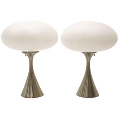 Pair of Laurel Table Lamps Saucer/Oval Glass Shades, Satin Chrome Bases
