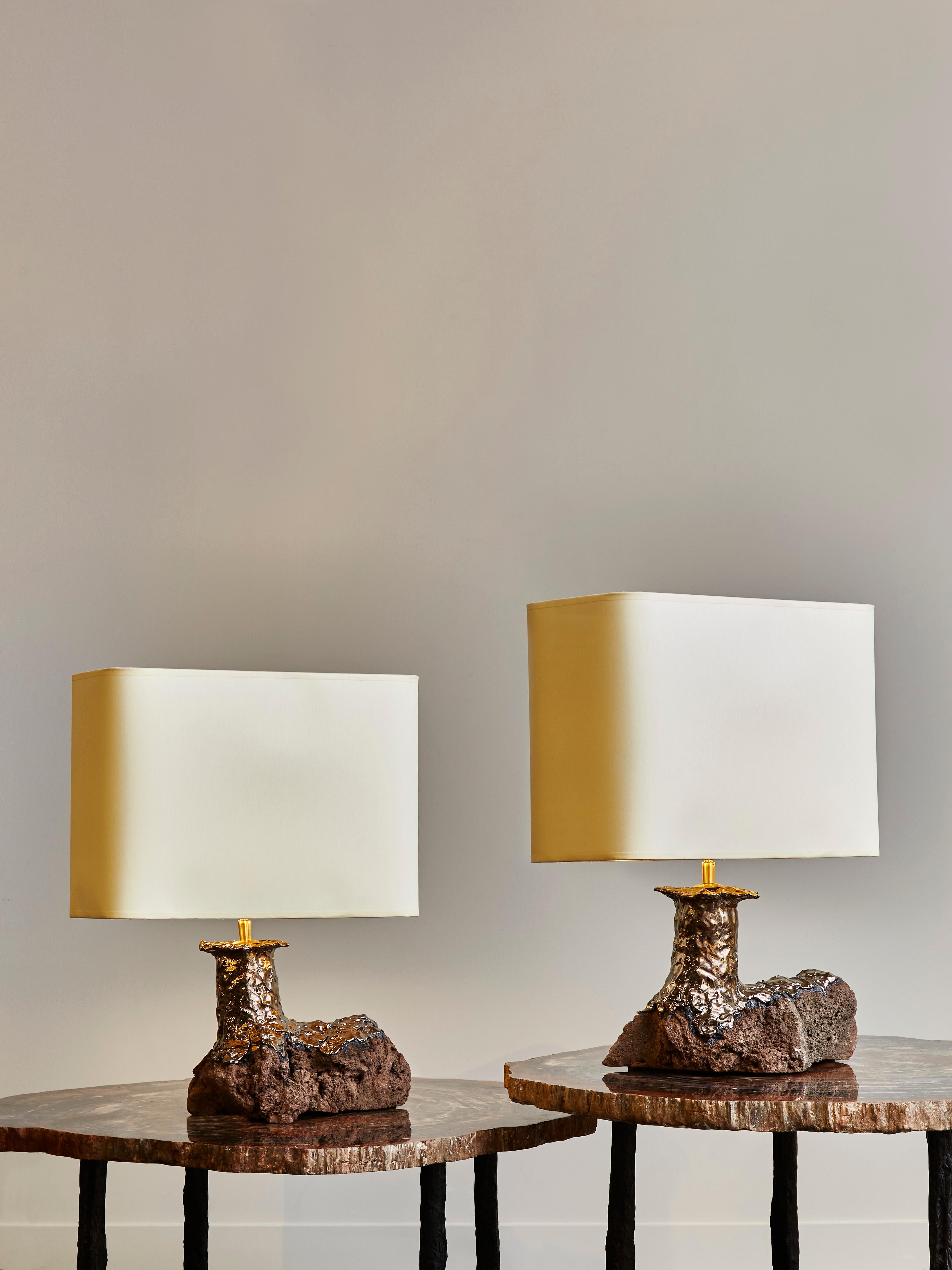 Modern Pair of Lava Stone and Ceramic Table Lamps by Leo Nataf
