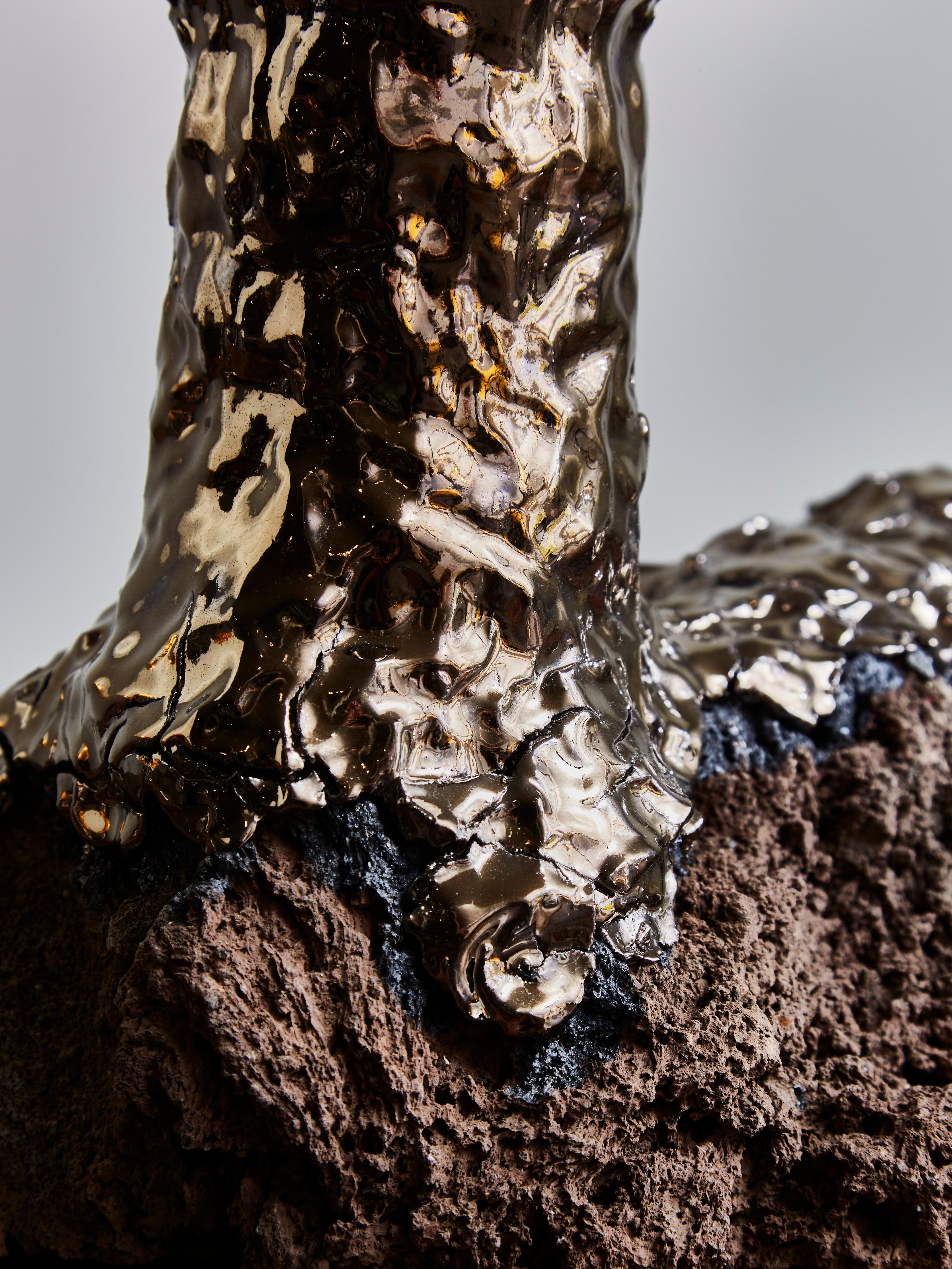 French Pair of Lava Stone and Ceramic Table Lamps by Leo Nataf