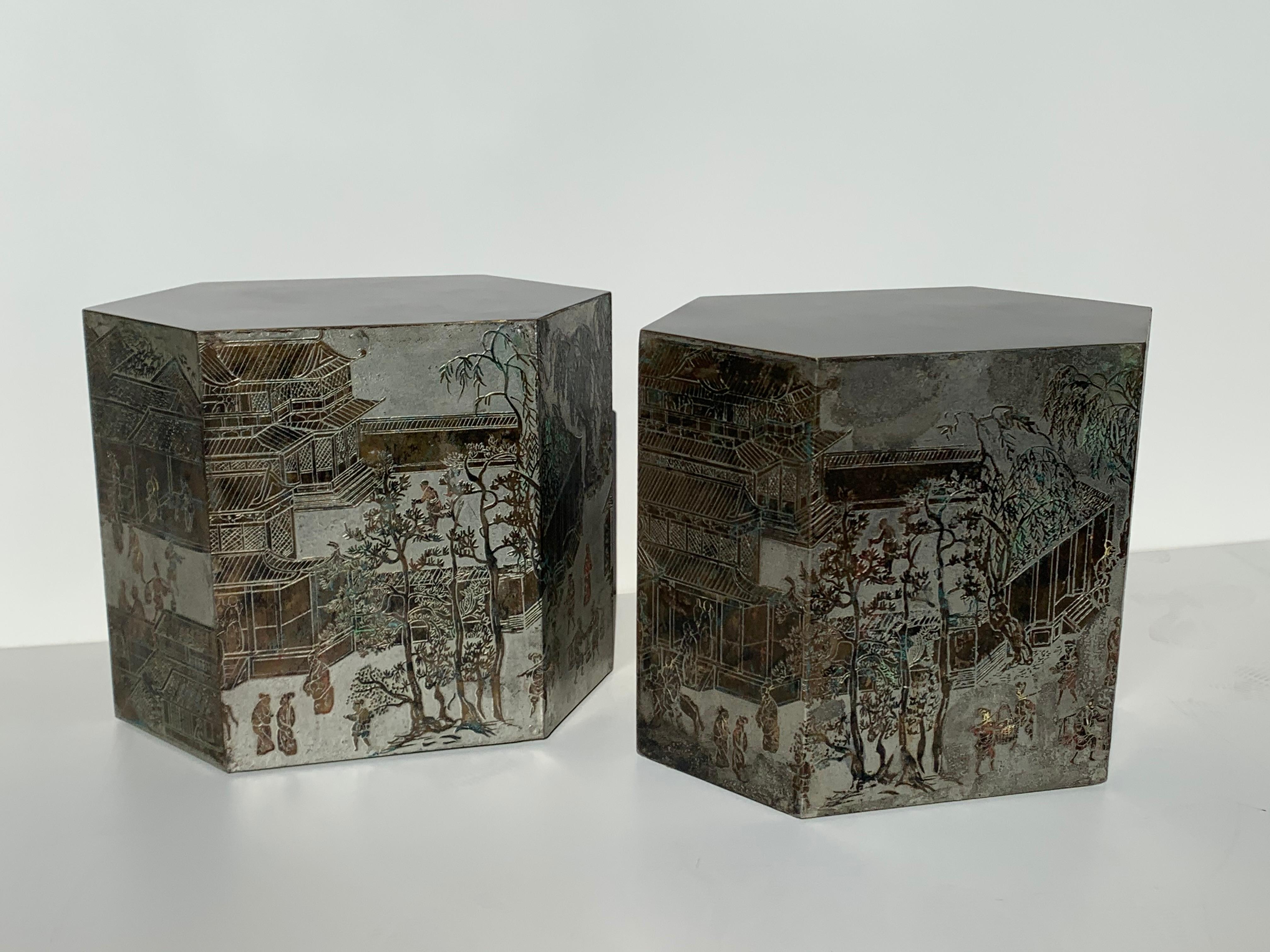 Pair of LaVerne chan end / side tables in etched bronze. This is a rare large size. We also have a more common smaller size reference number LU985014564791
Last photos shown together with smaller version.