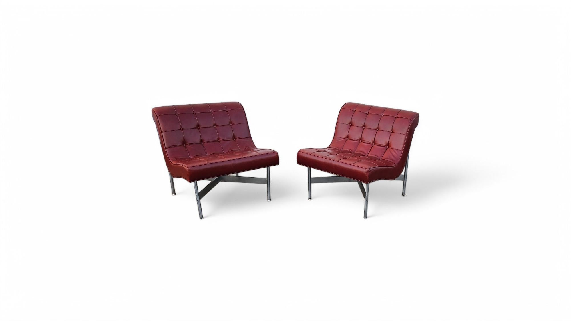Steel Pair of Laverne Leather Lounge Chairs For Sale