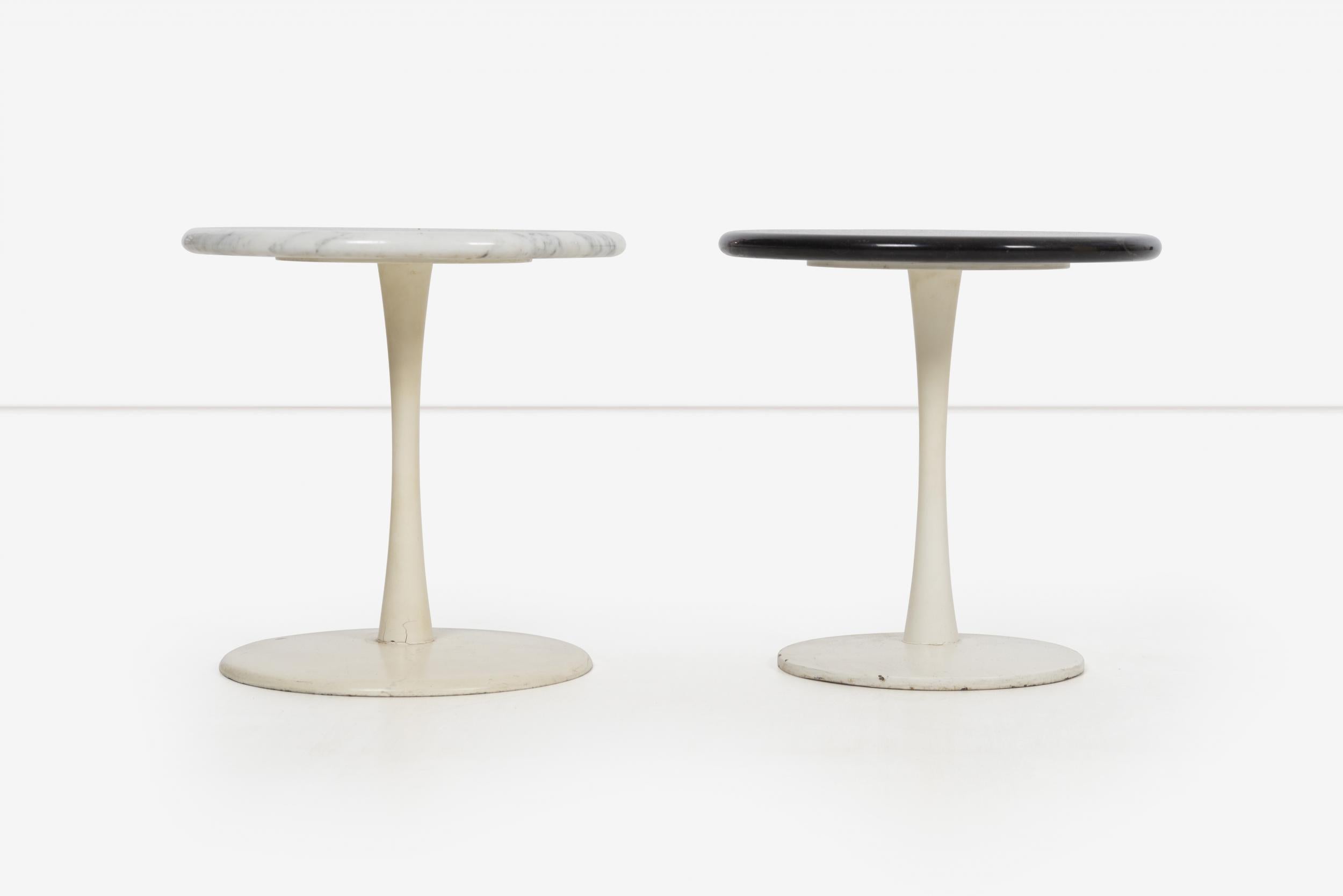 Pair of Laverne Stem tables for Laverne International, models ST-12 and ST-2 weighted cast iron bases matte white finish with solid black and white 3/4