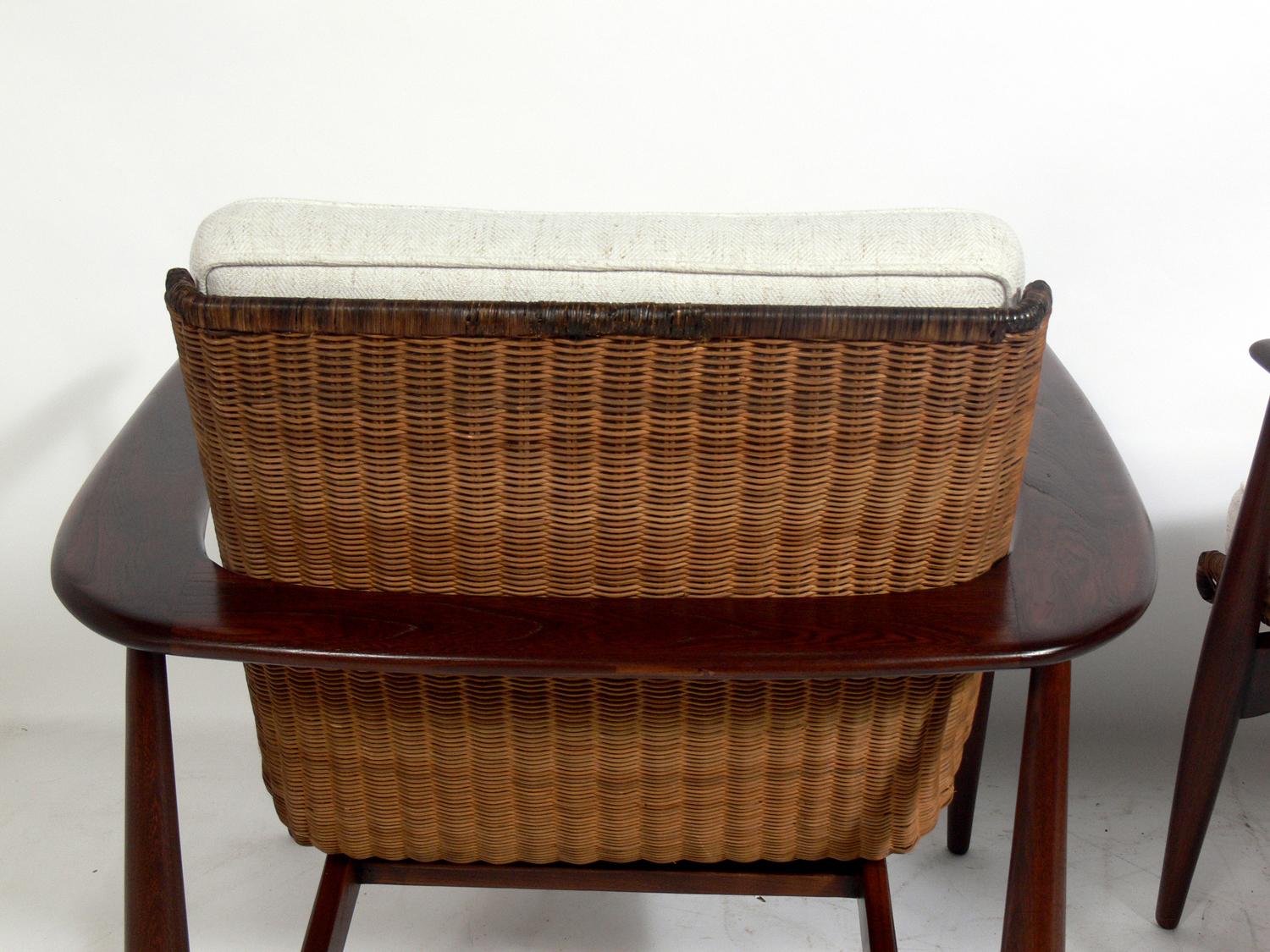Mid-Century Modern Pair of Lawrence Peabody Walnut and Rattan Lounge Chairs