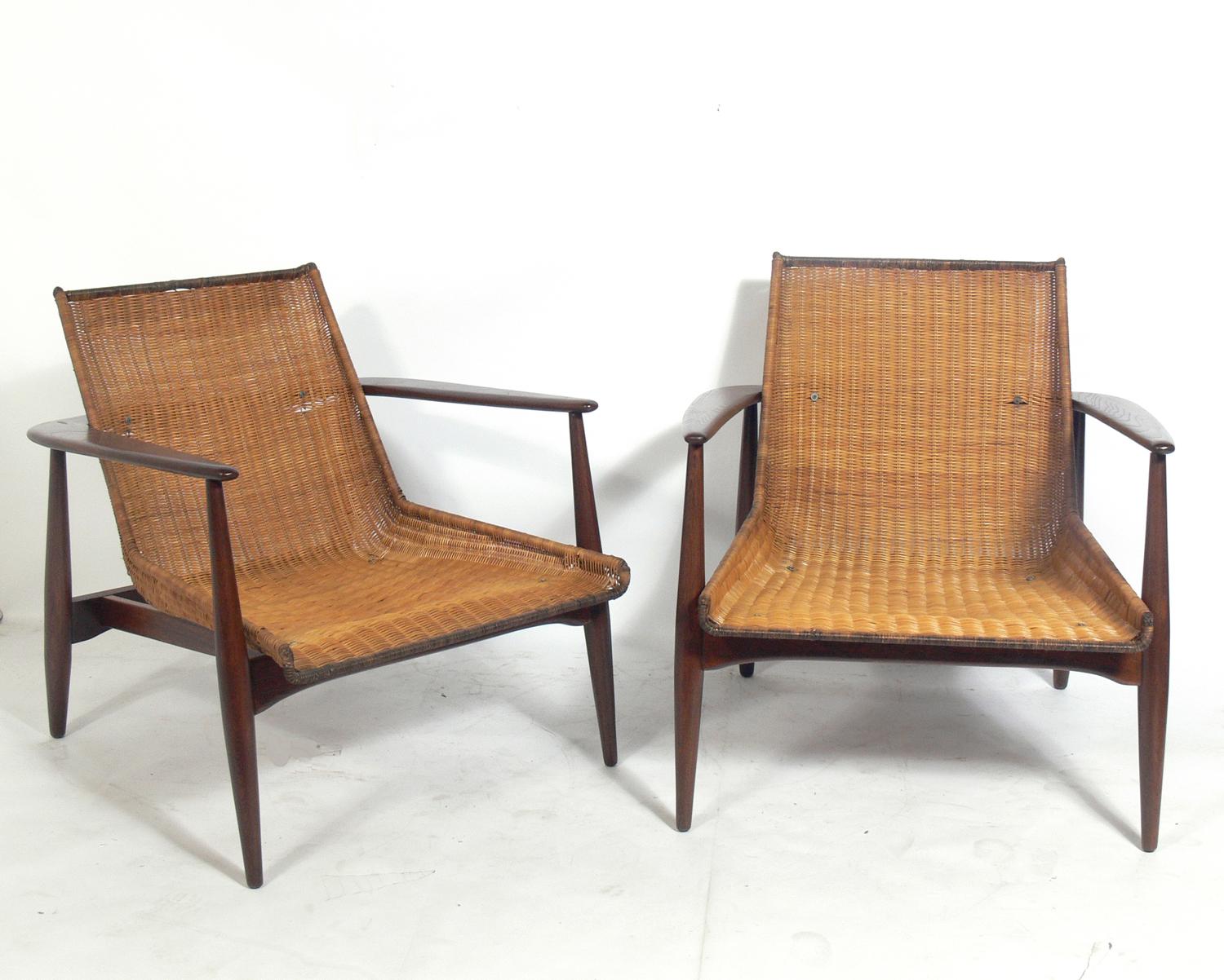 American Pair of Lawrence Peabody Walnut and Rattan Lounge Chairs