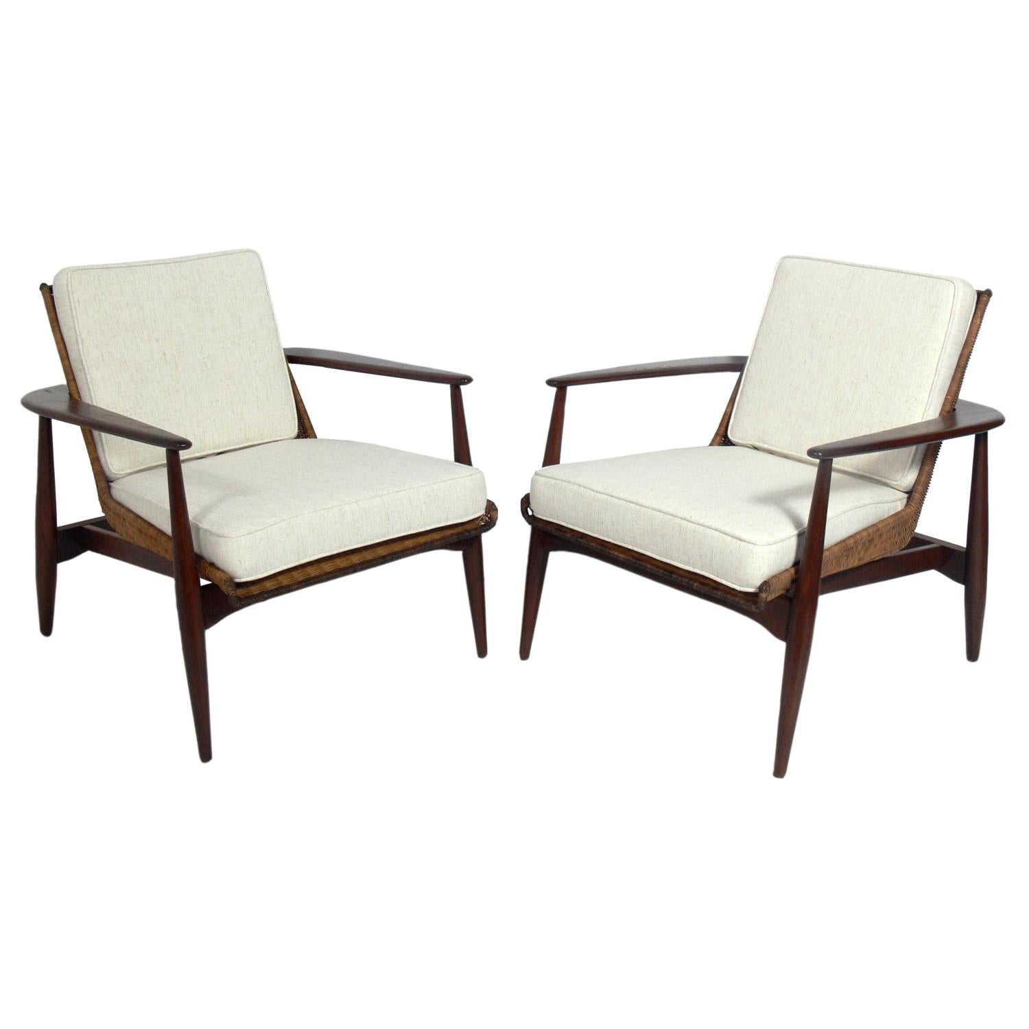 Pair of Lawrence Peabody Walnut and Rattan Lounge Chairs