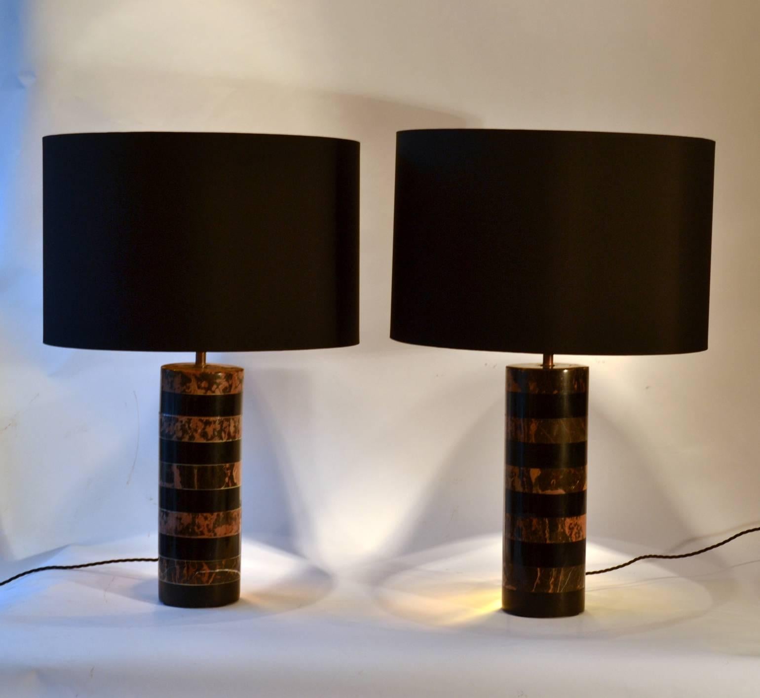 Mid-Century Modern 1970's Pair of Layered Old Pink & Black Marble Cylinder Table Lamps