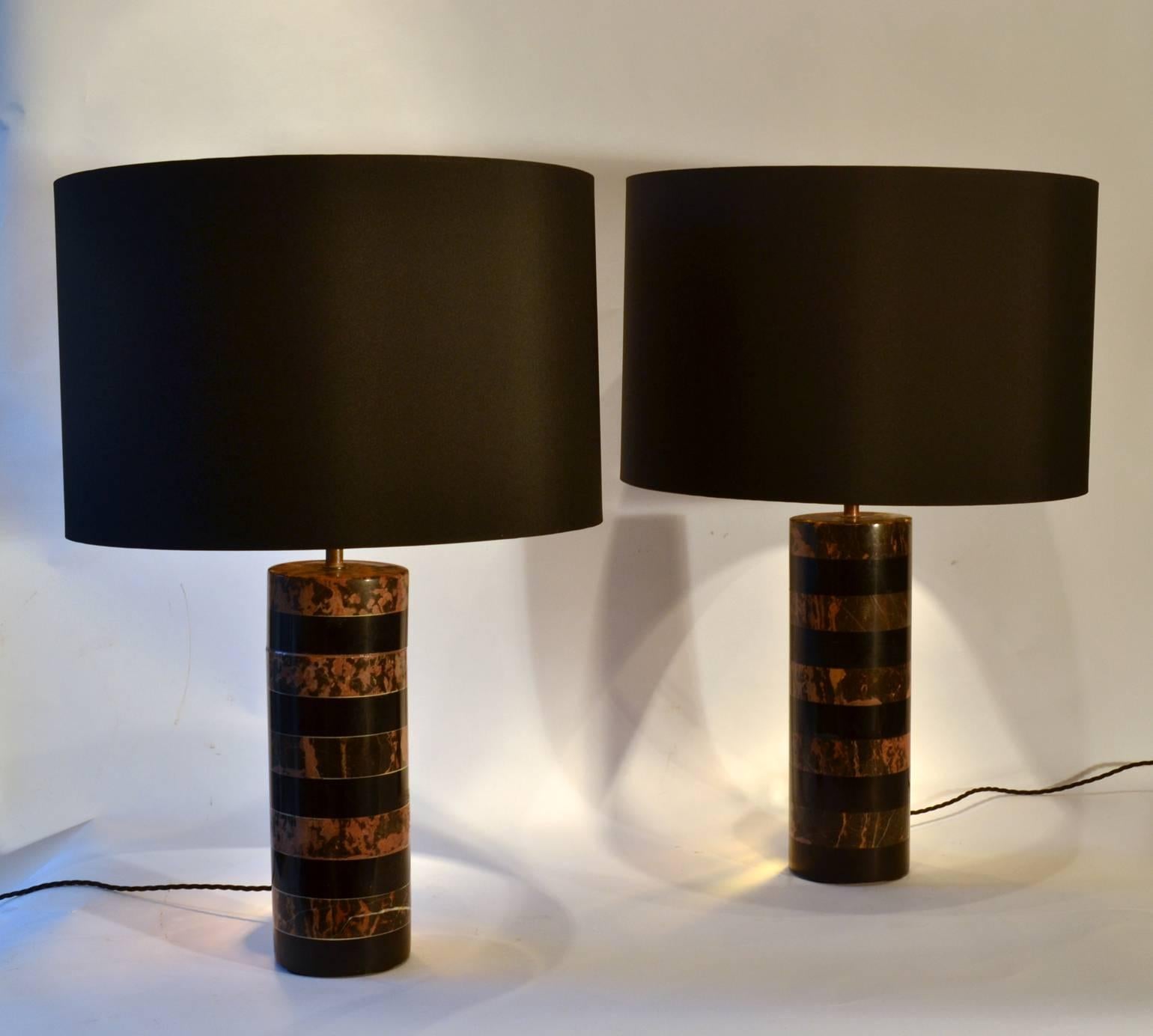 French 1970's Pair of Layered Old Pink & Black Marble Cylinder Table Lamps