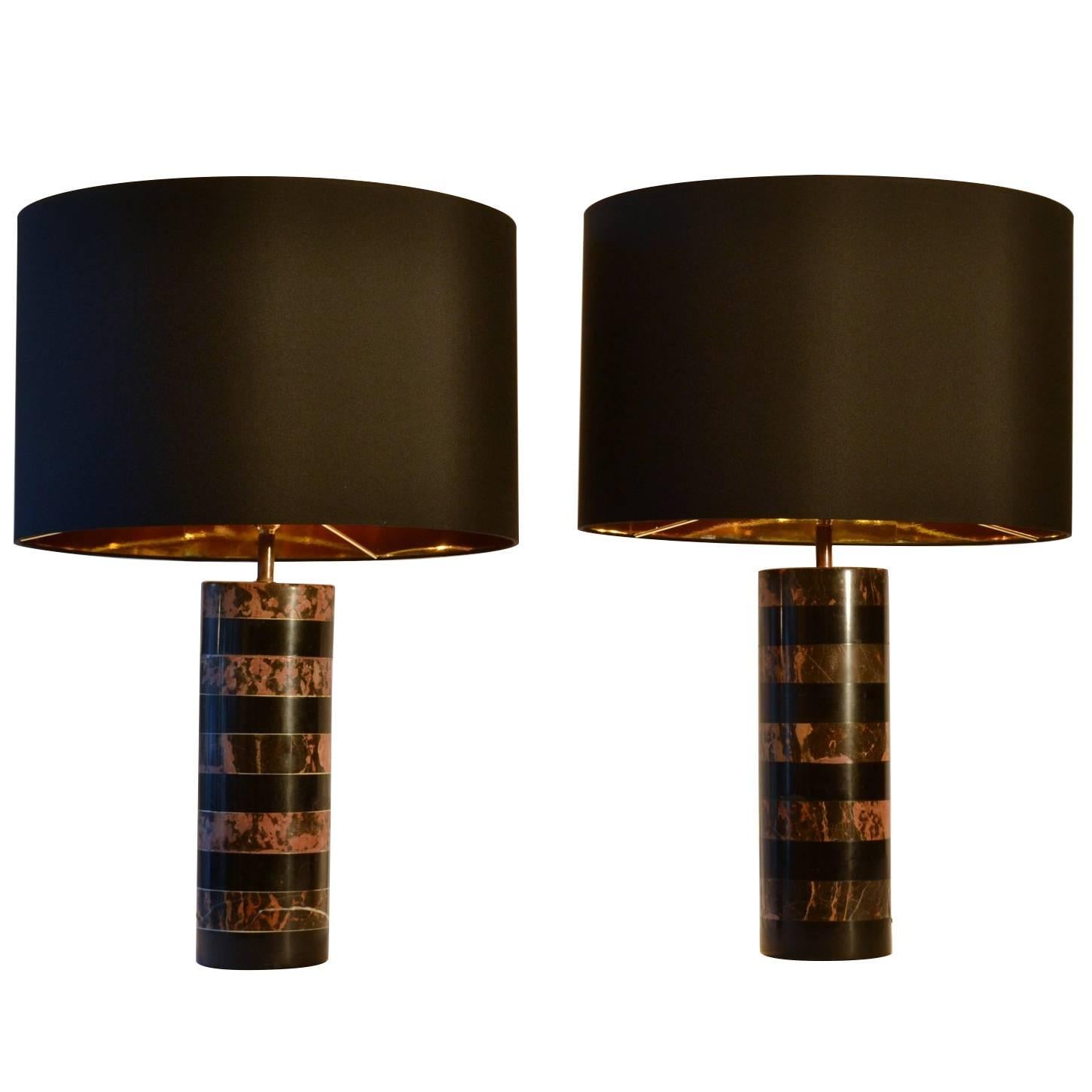 1970's Pair of Layered Old Pink & Black Marble Cylinder Table Lamps