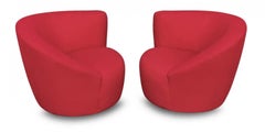 Pair of Lazar Swivel Lounge Chairs & Ottoman in Red Upholstery Post-Modern