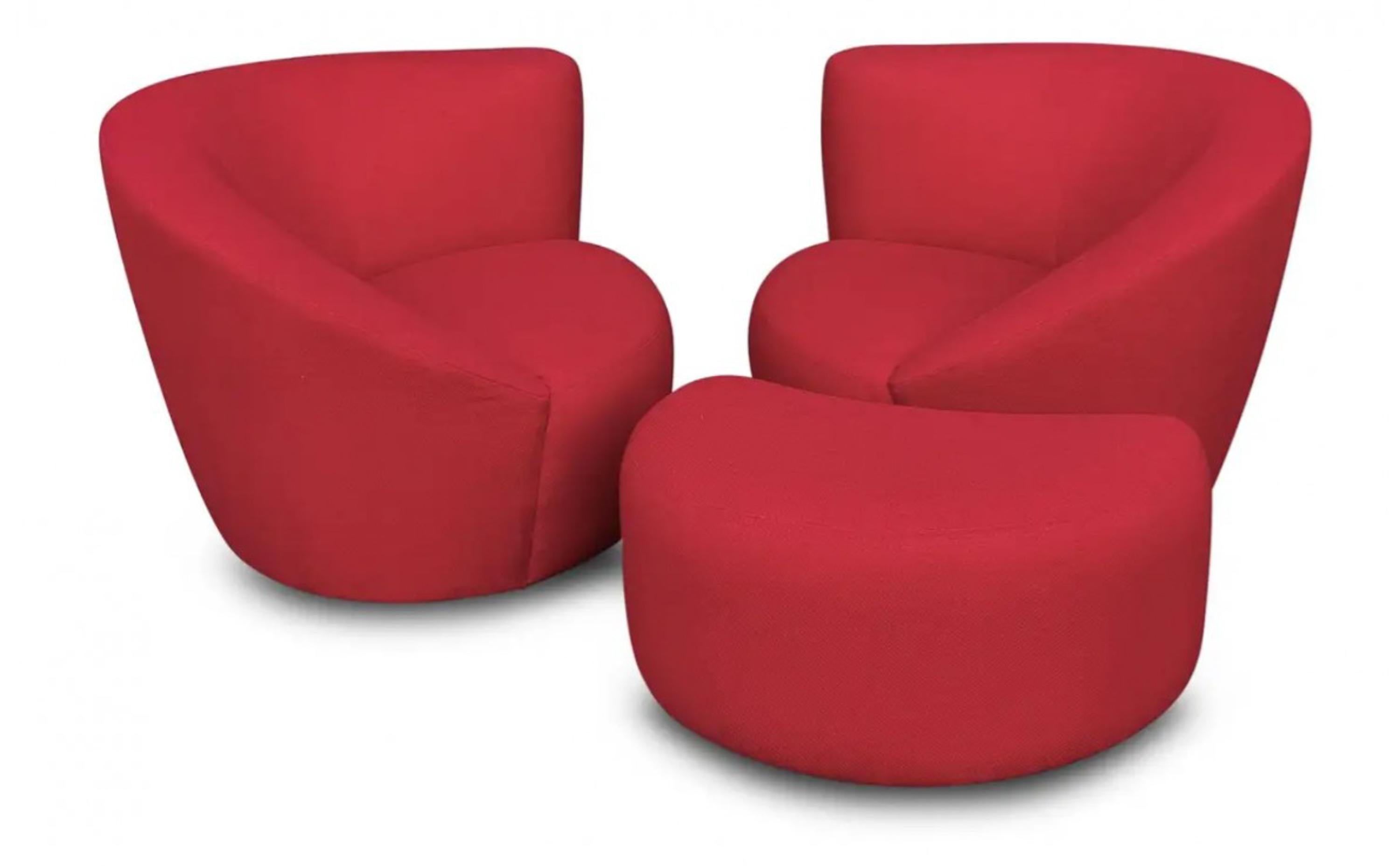 Contemporary Pair of Lazar Swivel Lounge Chairs & Ottoman in Red Upholstery Post-Modern For Sale