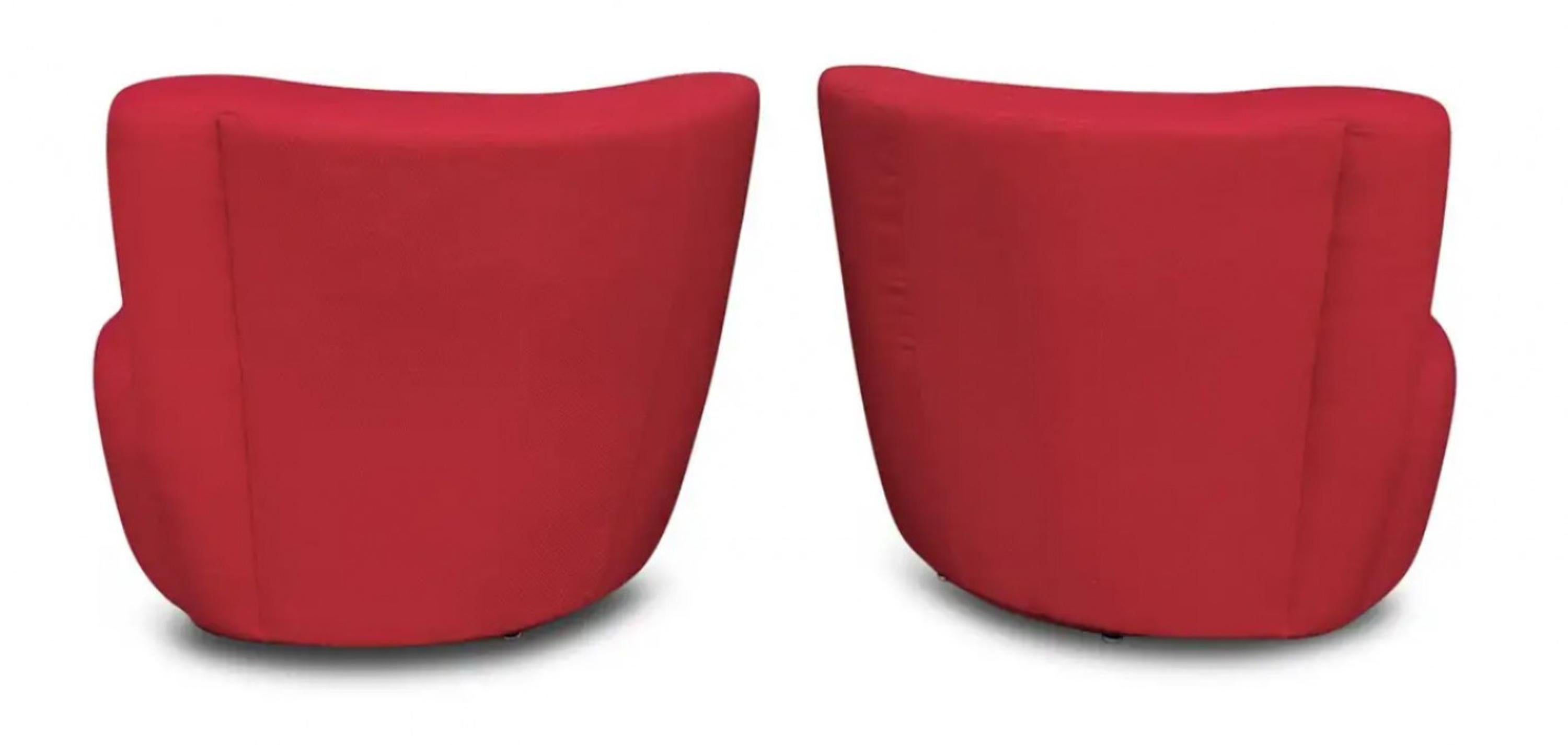 Fabric Pair of Lazar Swivel Lounge Chairs & Ottoman in Red Upholstery Post-Modern For Sale