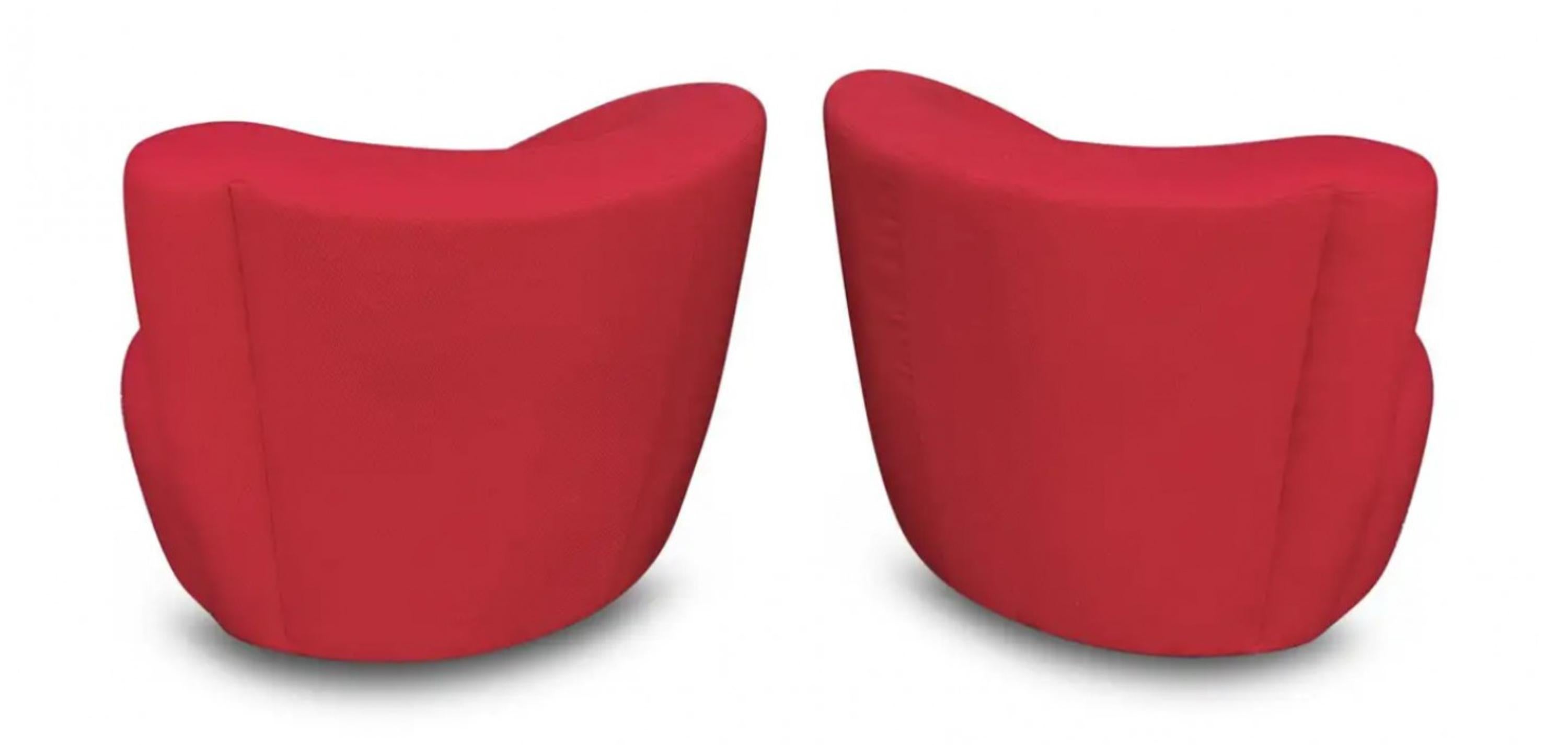 Pair of Lazar Swivel Lounge Chairs & Ottoman in Red Upholstery Post-Modern For Sale 1