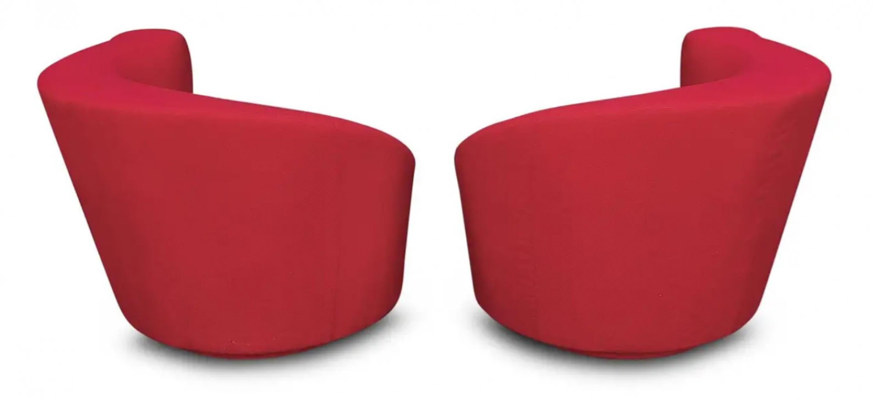 Pair of Lazar Swivel Lounge Chairs & Ottoman in Red Upholstery Post-Modern For Sale 2