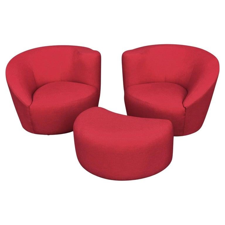 Pair of Lazar Swivel Lounge Chairs & Ottoman in Red Upholstery Post-Modern For Sale