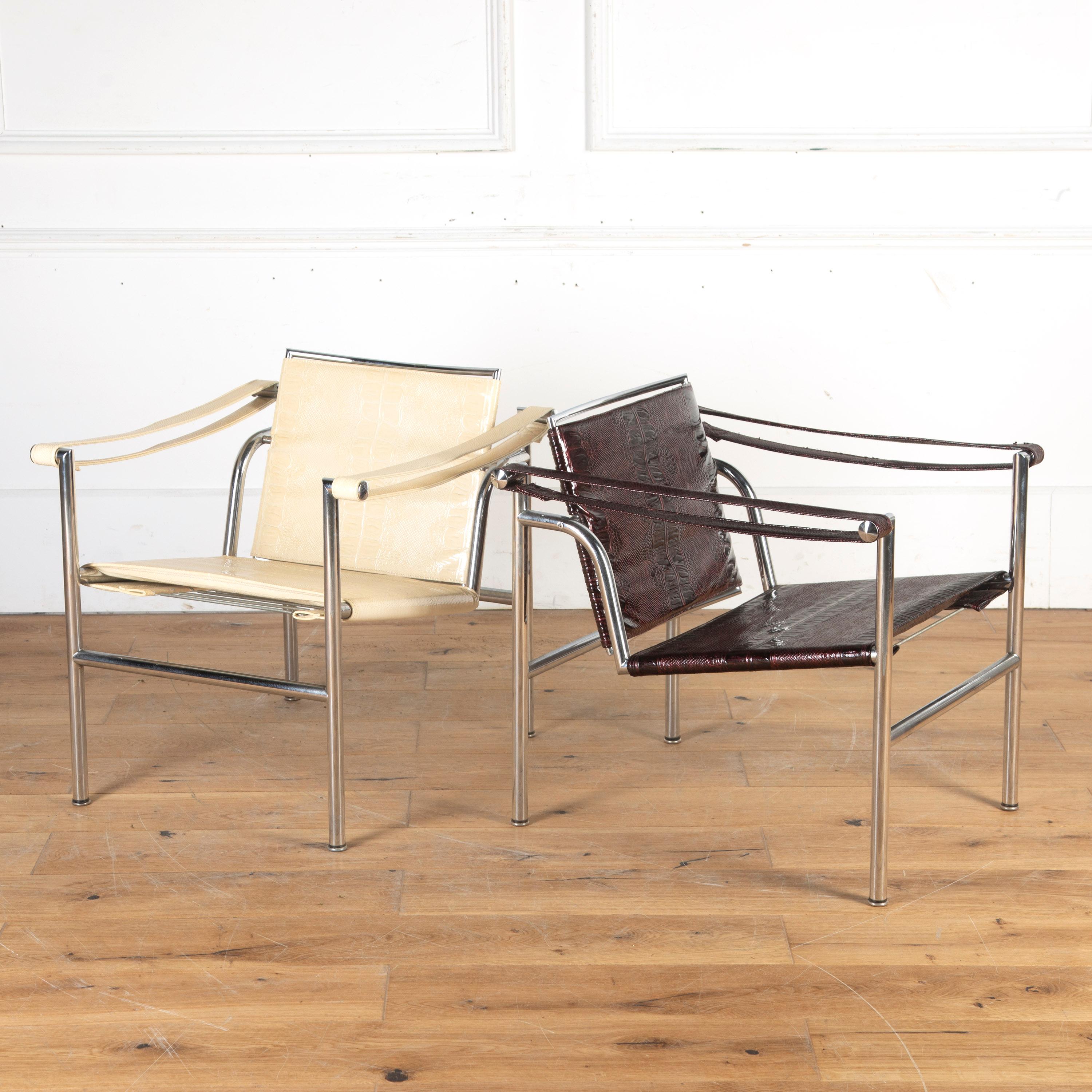Exceptional pair of Italian LC1 basculant armchairs by Le Corbusier, Charlotte Perriand and Pierre Jeanneret. 

These chairs were designed in 1929, with the original model presented in 1929 for the Paris exposition.

Called 'basculat' because of