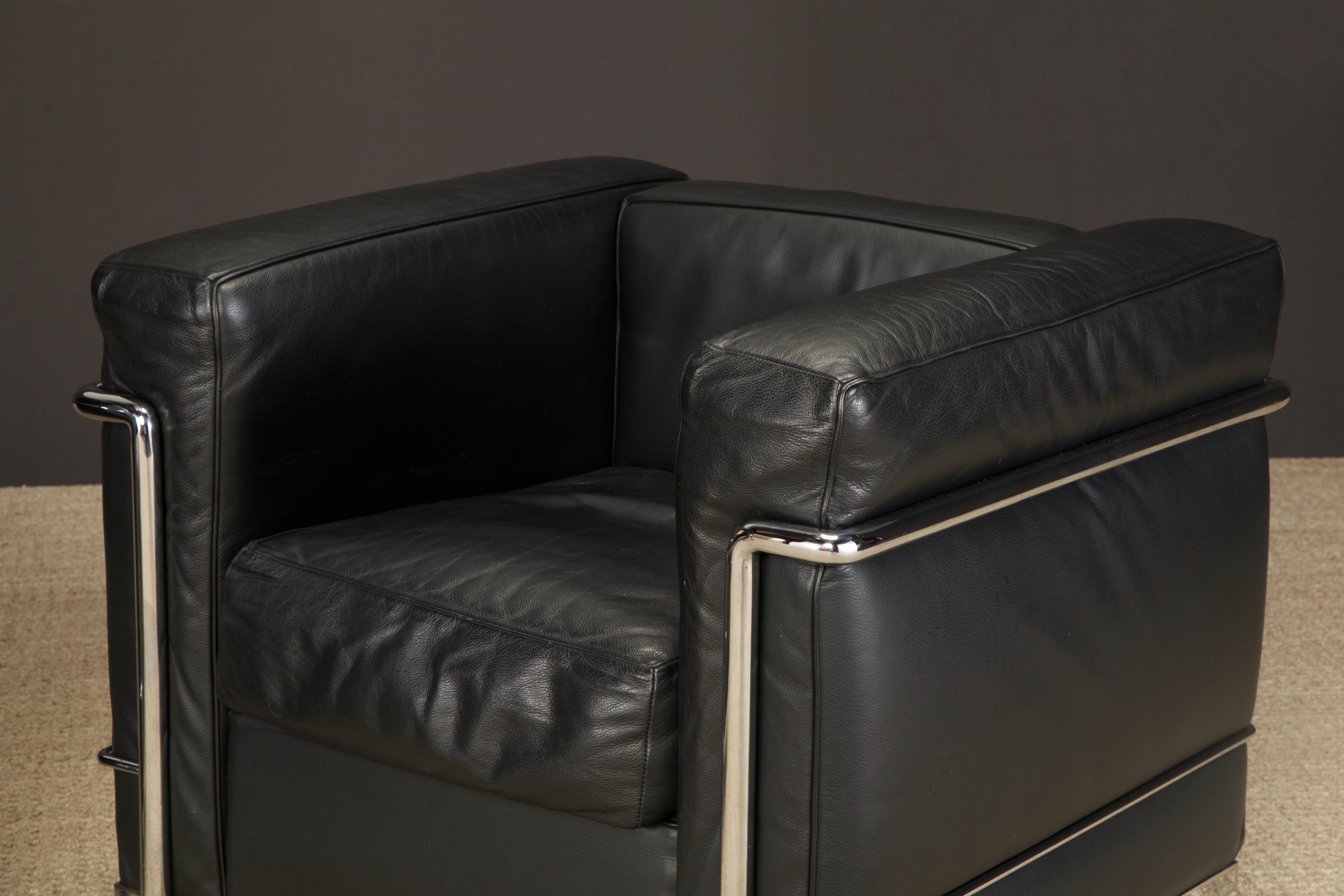 Pair of 'Lc2' Black Leather Club Chairs by Le Corbusier for Cassina, Signed 3